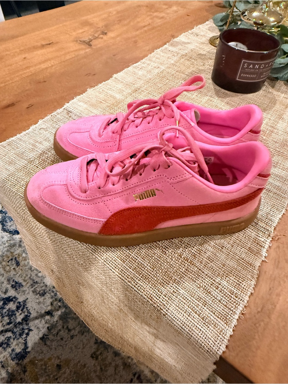 Puma Bright Pink Suede Sneakers with Red Stripe